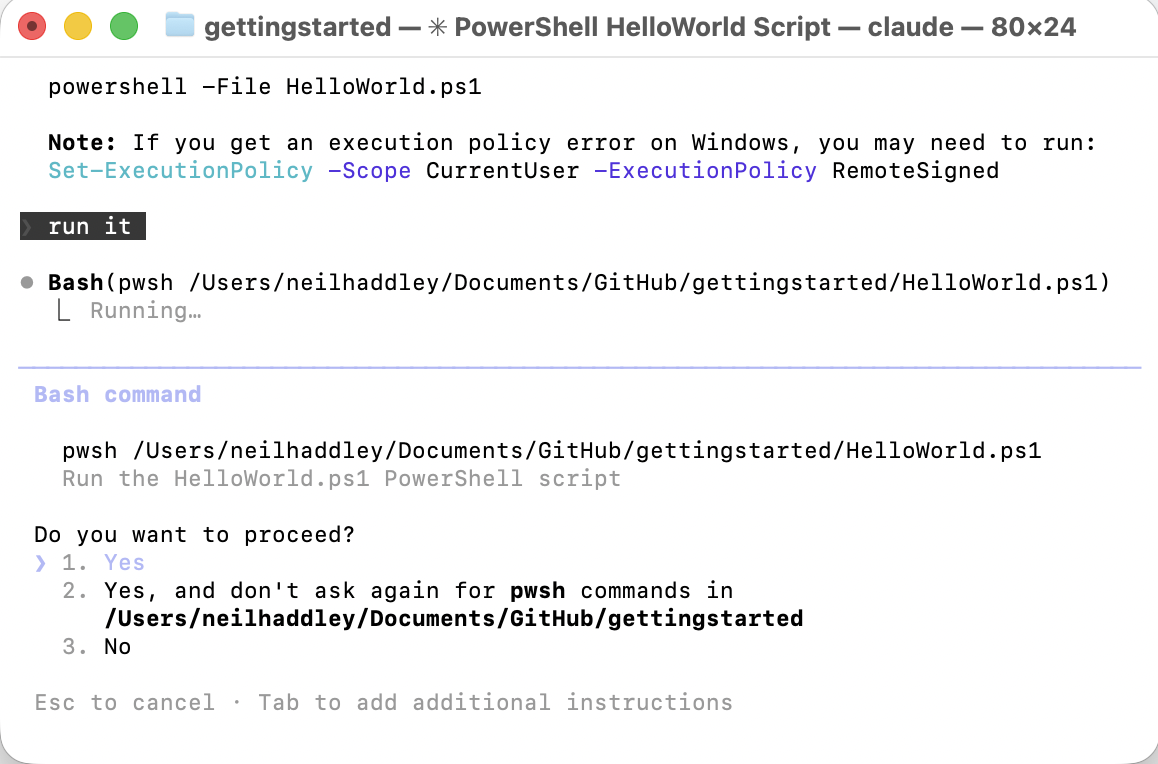 Yes, and don't ask again for pwsh commands in /Users/neilhaddley/Documents/GitHub/gettingstarted